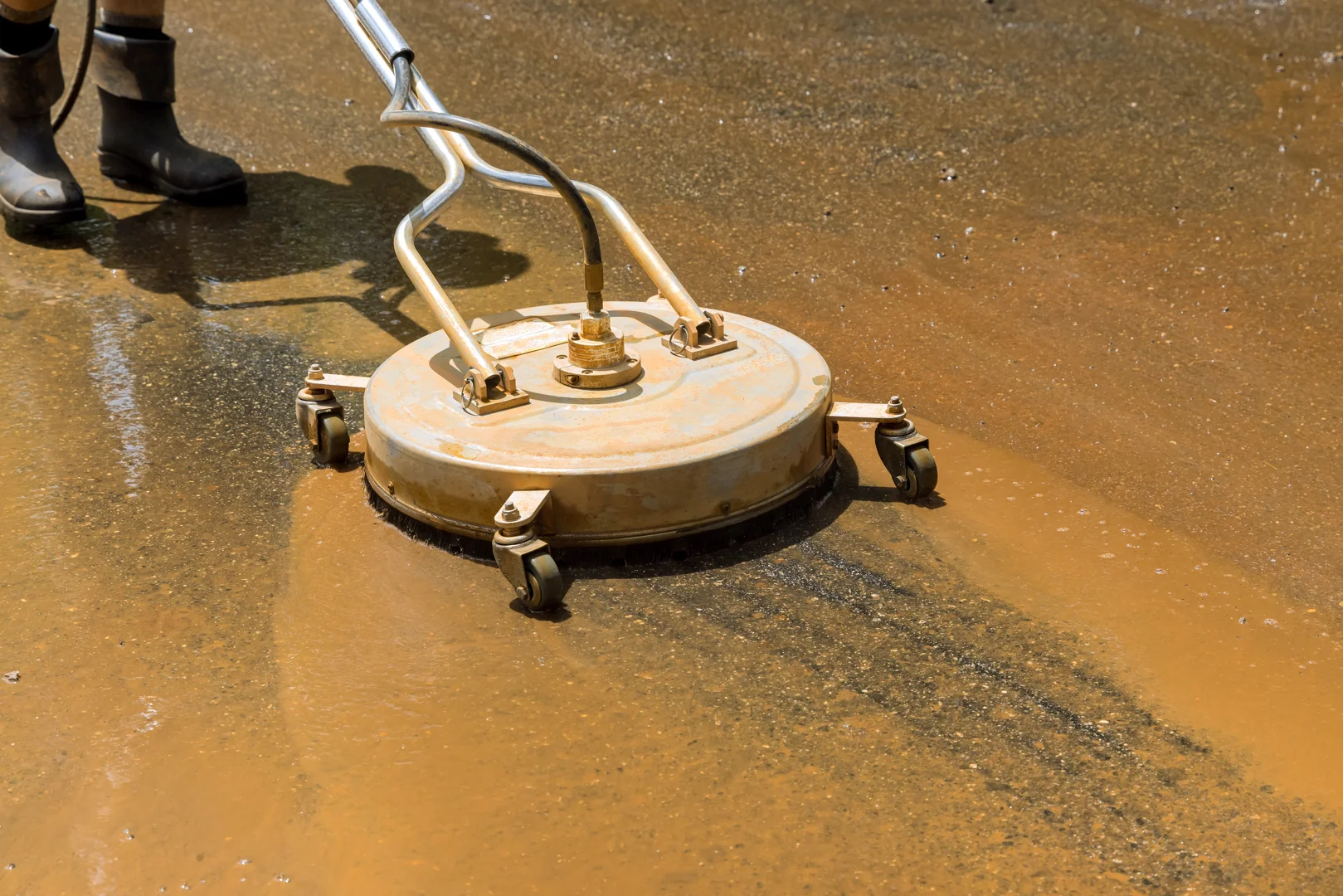 Technician using a professional circular surface cleaner to ensure an even, streak-free driveway finish - pressure washing Technician using a professional circular surface cleaner to ensure an even, streak-free driveway finish - pressure washing