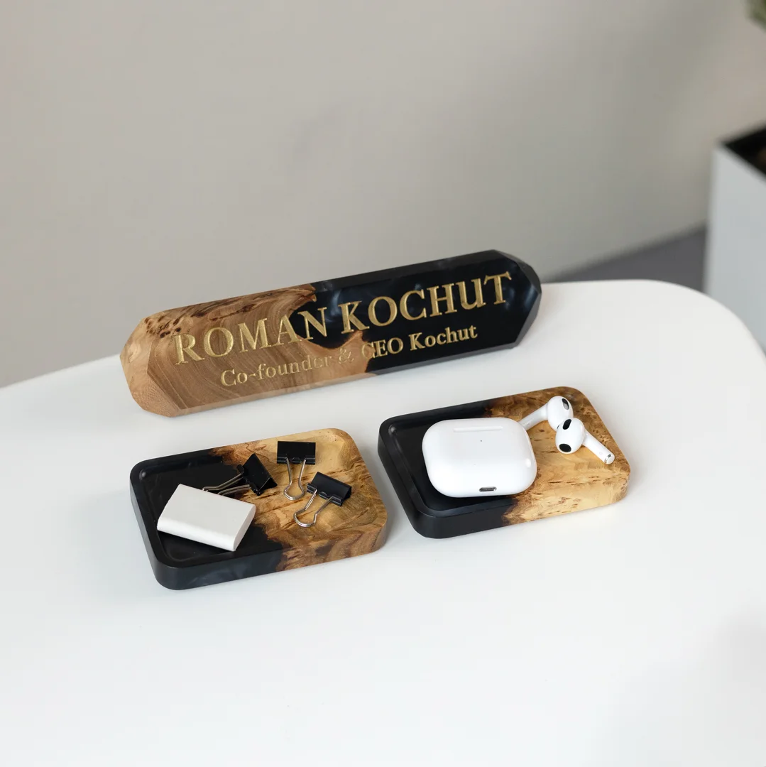 Custom resin desk accessory wood grain and epoxy resin color options