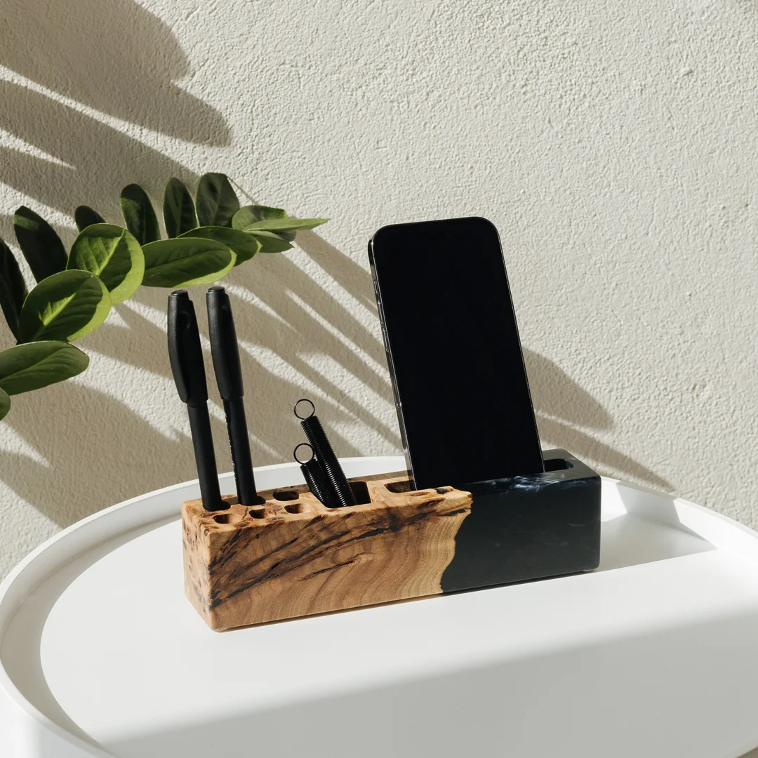 Matching executive desk accessory set including desk organizer, name plate, and pen holder crafted from solid wood and epoxy