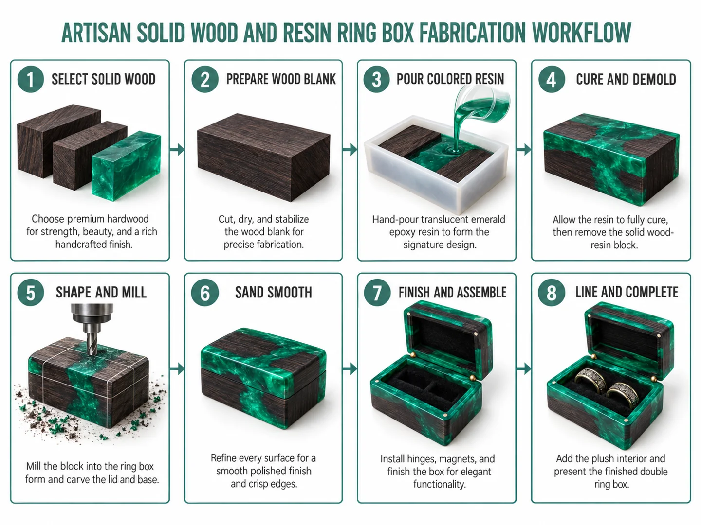 Artisan solid wood and resin ring box fabrication workflow Artisan solid wood and resin ring box fabrication workflow