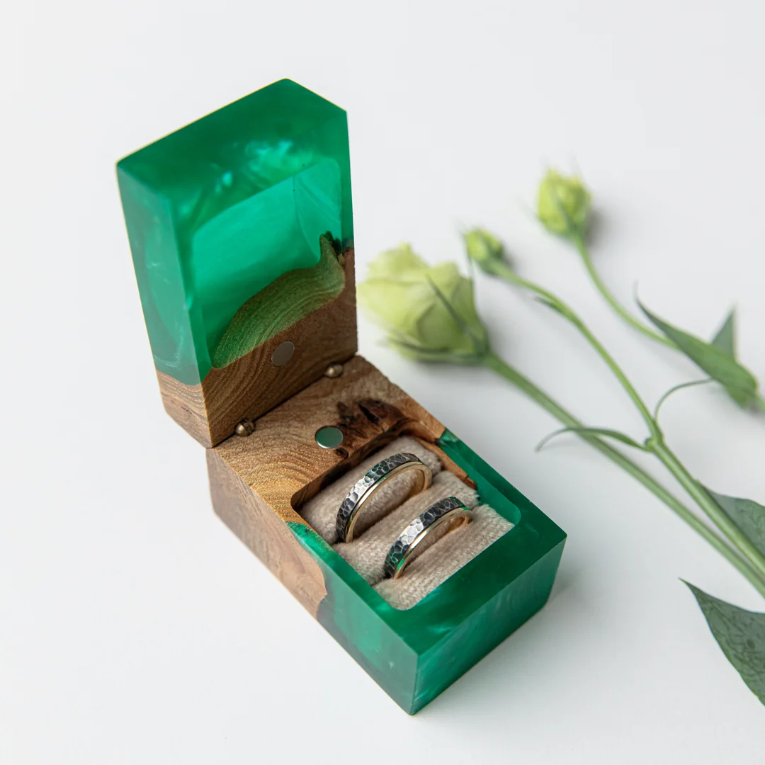 personalized resin wood ring box open on nightstand