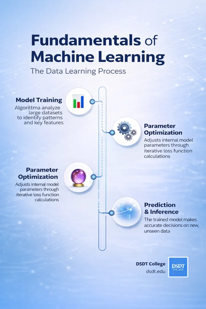 Infographic titled "Fundamentals of Machine Learning" showing a linear process: Model Training, Parameter Optimization, Prediction & Inference, with icons.