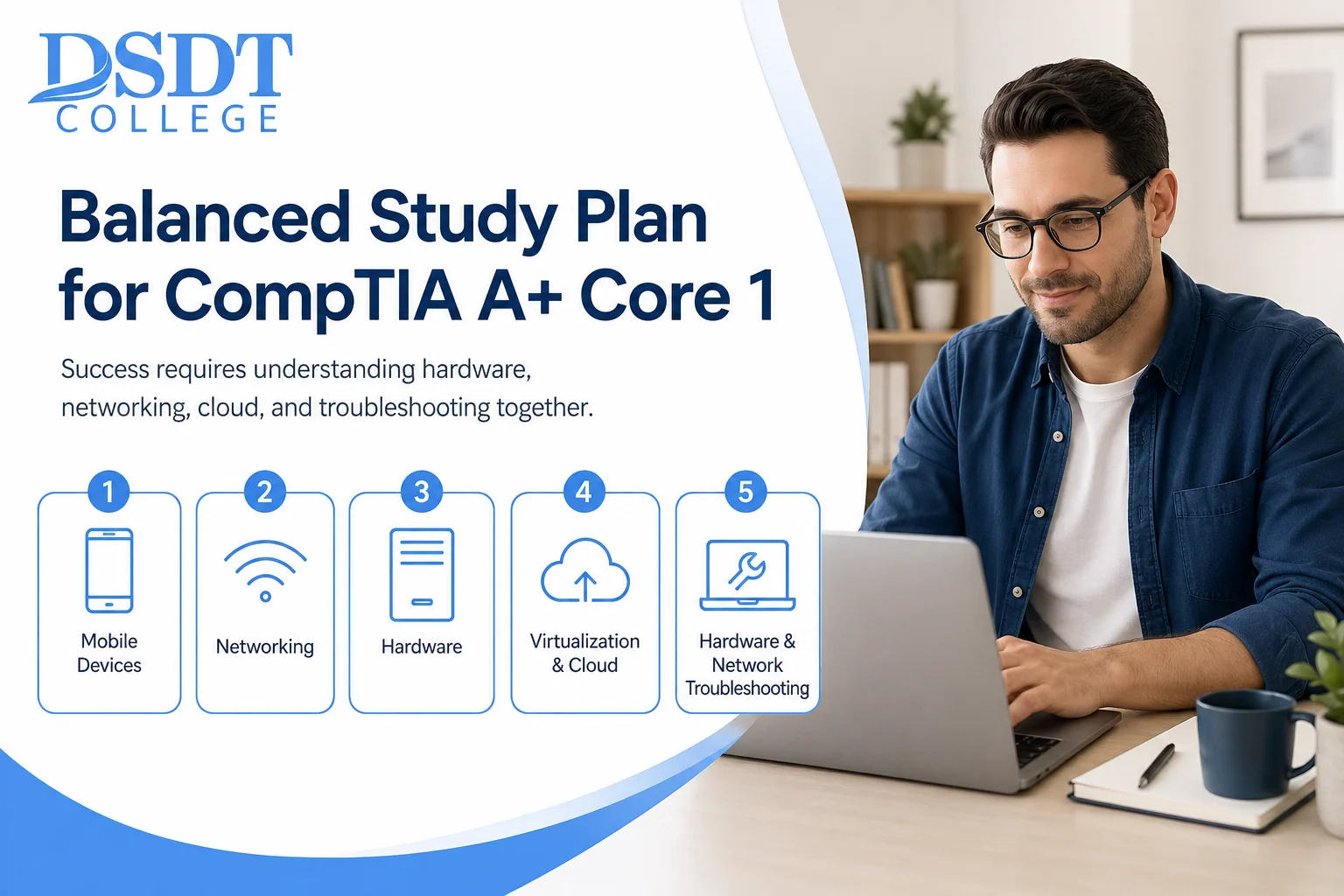 Man in glasses using a laptop at a desk, viewing materials on CompTIA A+ Core 1 study plan. Icons represent mobile devices, networking, hardware, virtualization, and troubleshooting. Man in glasses using a laptop at a desk, viewing materials on CompTIA A+ Core 1 study plan. Icons represent mobile devices, networking, hardware, virtualization, and troubleshooting.