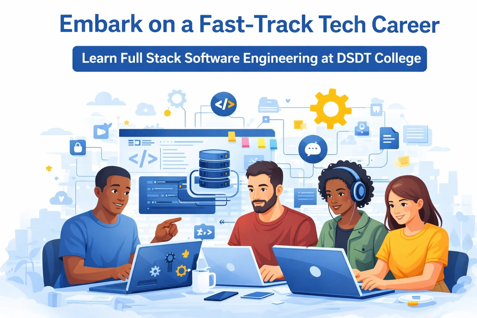 Four diverse individuals collaborate at laptops, surrounded by tech icons and digital elements. Text promotes a fast-track tech career at DSDT College. Four diverse individuals collaborate at laptops, surrounded by tech icons and digital elements. Text promotes a fast-track tech career at DSDT College.