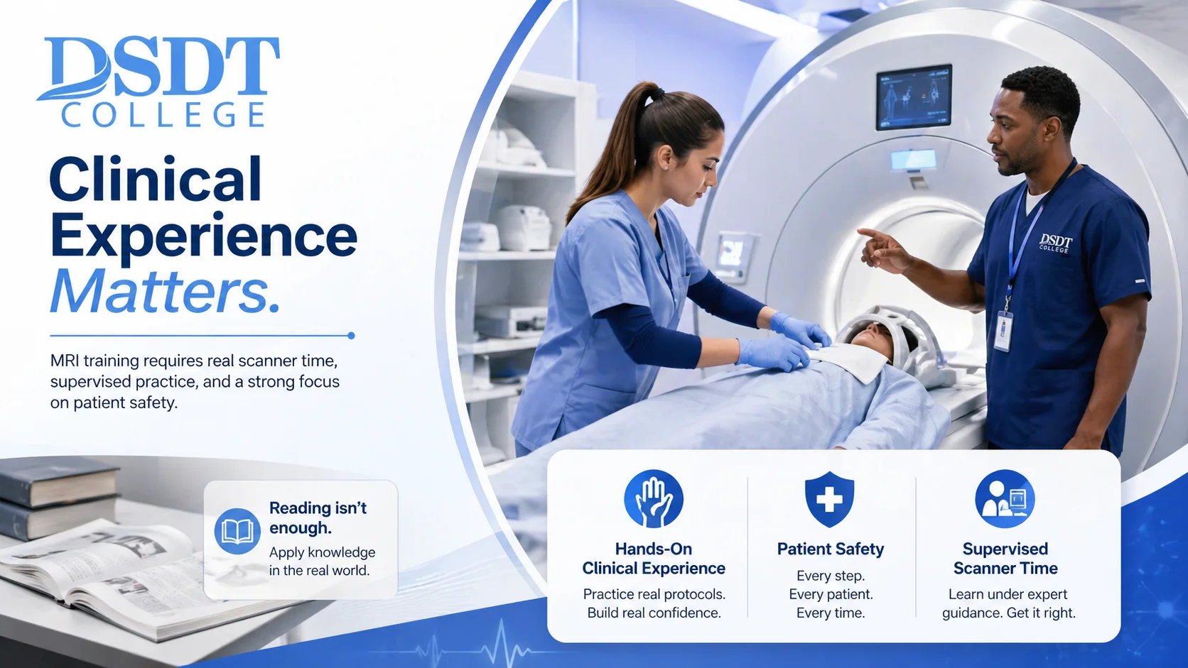 Alt text: "Advertisement for DSDT College showcasing MRI training. A female technician prepares a patient for an MRI with a male instructor observing. Alt text: "Advertisement for DSDT College showcasing MRI training. A female technician prepares a patient for an MRI with a male instructor observing.