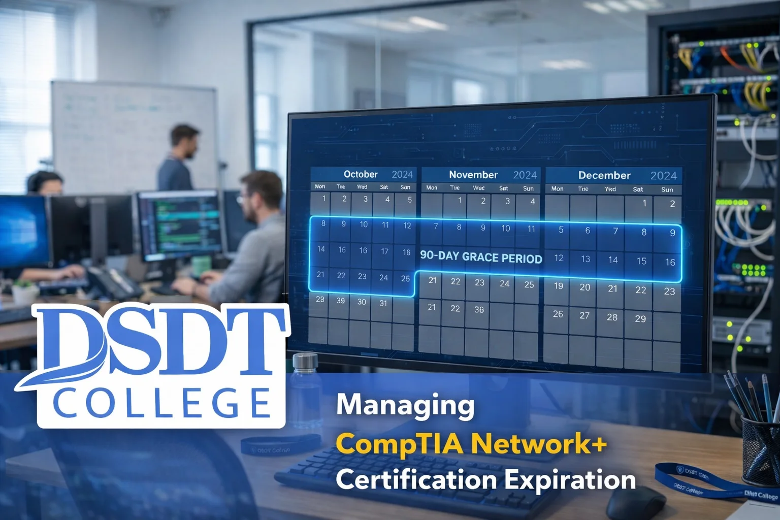 Calendar with 90-day grace period highlighted for CompTIA renewal - comptia network+ certification expiration