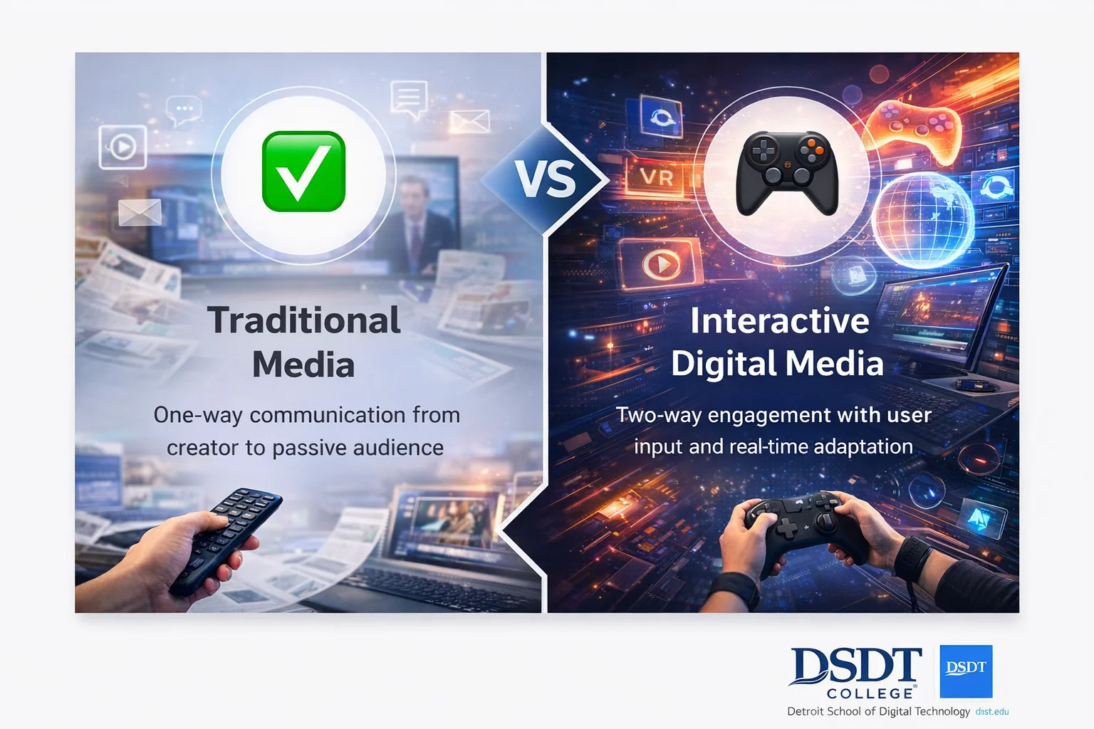 Split image comparing "Traditional Media" with "Interactive Digital Media." Left shows a hand holding a remote; right shows hands holding a game controller. Split image comparing "Traditional Media" with "Interactive Digital Media." Left shows a hand holding a remote; right shows hands holding a game controller.
