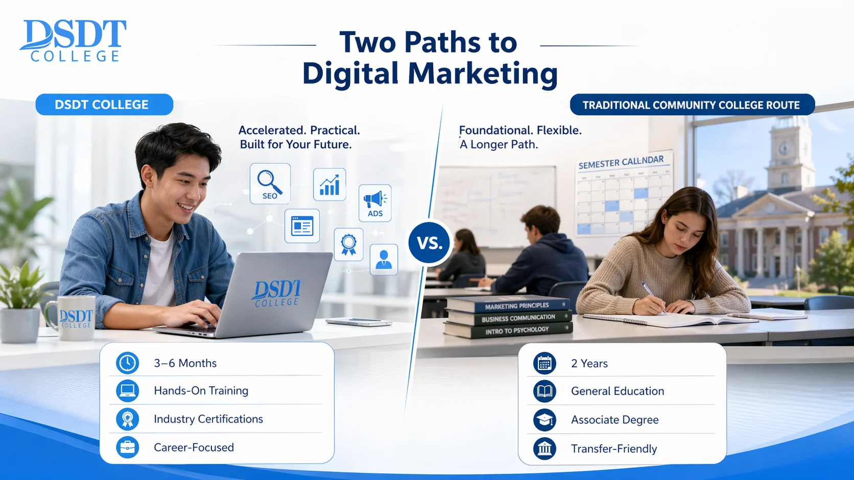 "Comparison of two digital marketing paths. Left: Young man at desk with a laptop labeled 'DSDT College,' highlighting a 3-6 month program focused on hands-on training and industry certifications. 