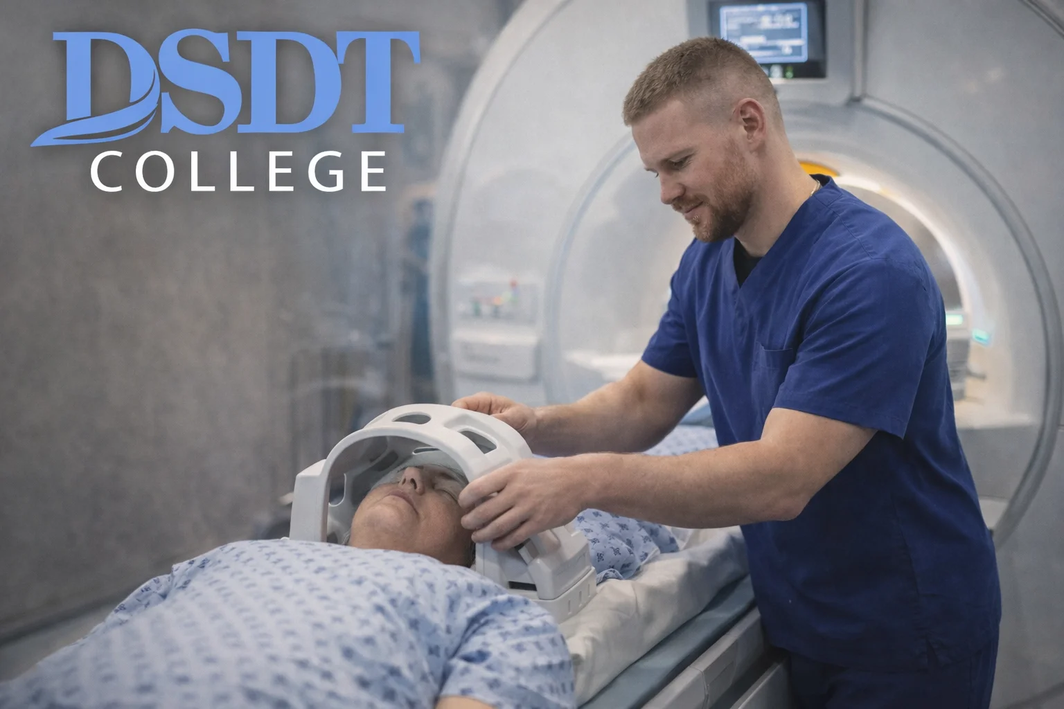 A technician in blue scrubs prepares a patient for an MRI. The patient lies on a table, covered in a gown. "DSDT College" logo is visible. A technician in blue scrubs prepares a patient for an MRI. The patient lies on a table, covered in a gown. "DSDT College" logo is visible.