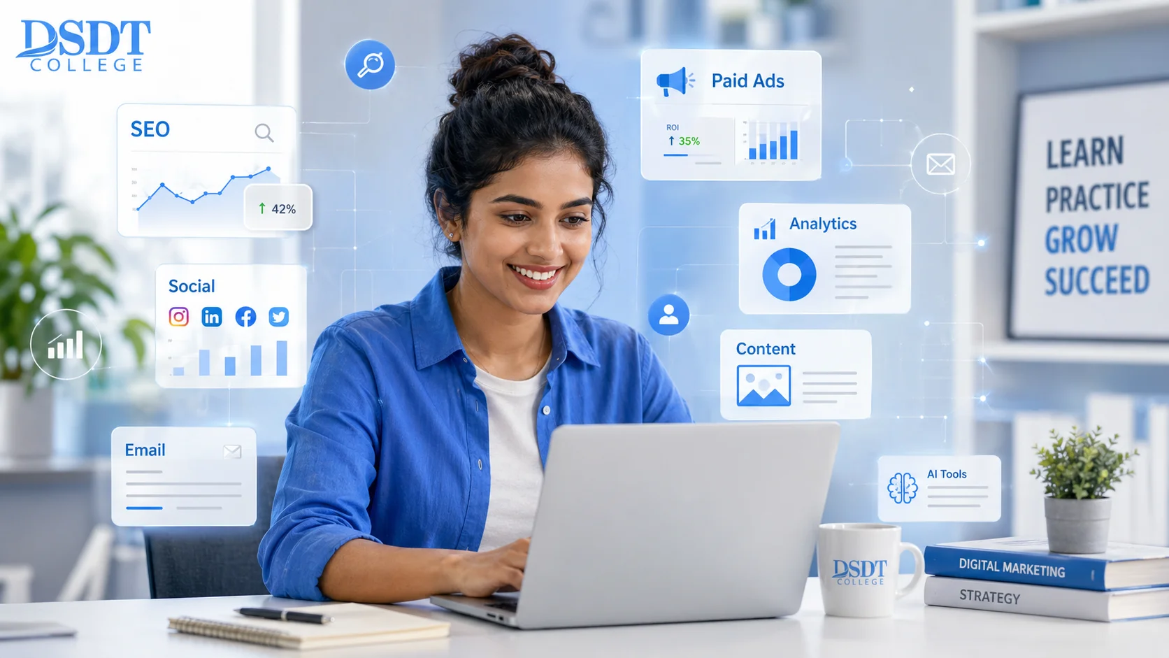 A woman in a blue shirt smiles while working on a laptop. Floating icons display SEO, social media, email, analytics, and content tools, conveying a digital marketing theme. 