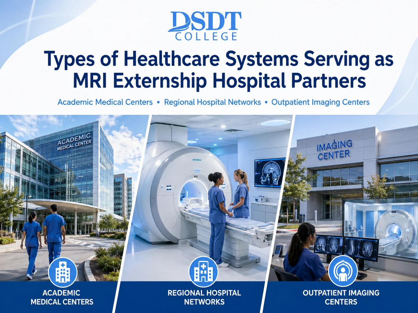 DSDT College advertisement featuring types of MRI externship hospital partners: Academic Medical Centers, Regional Hospital Networks, Outpatient Imaging Centers. DSDT College advertisement featuring types of MRI externship hospital partners: Academic Medical Centers, Regional Hospital Networks, Outpatient Imaging Centers.
