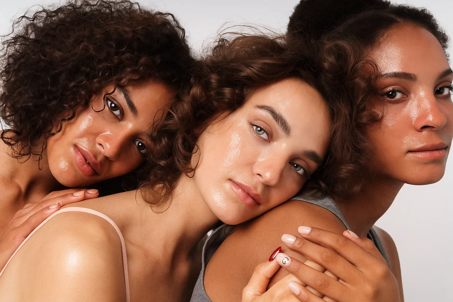 Three diverse women with dewy, radiant skin leaning together, showcasing hydrated complexions after using collagen mist.