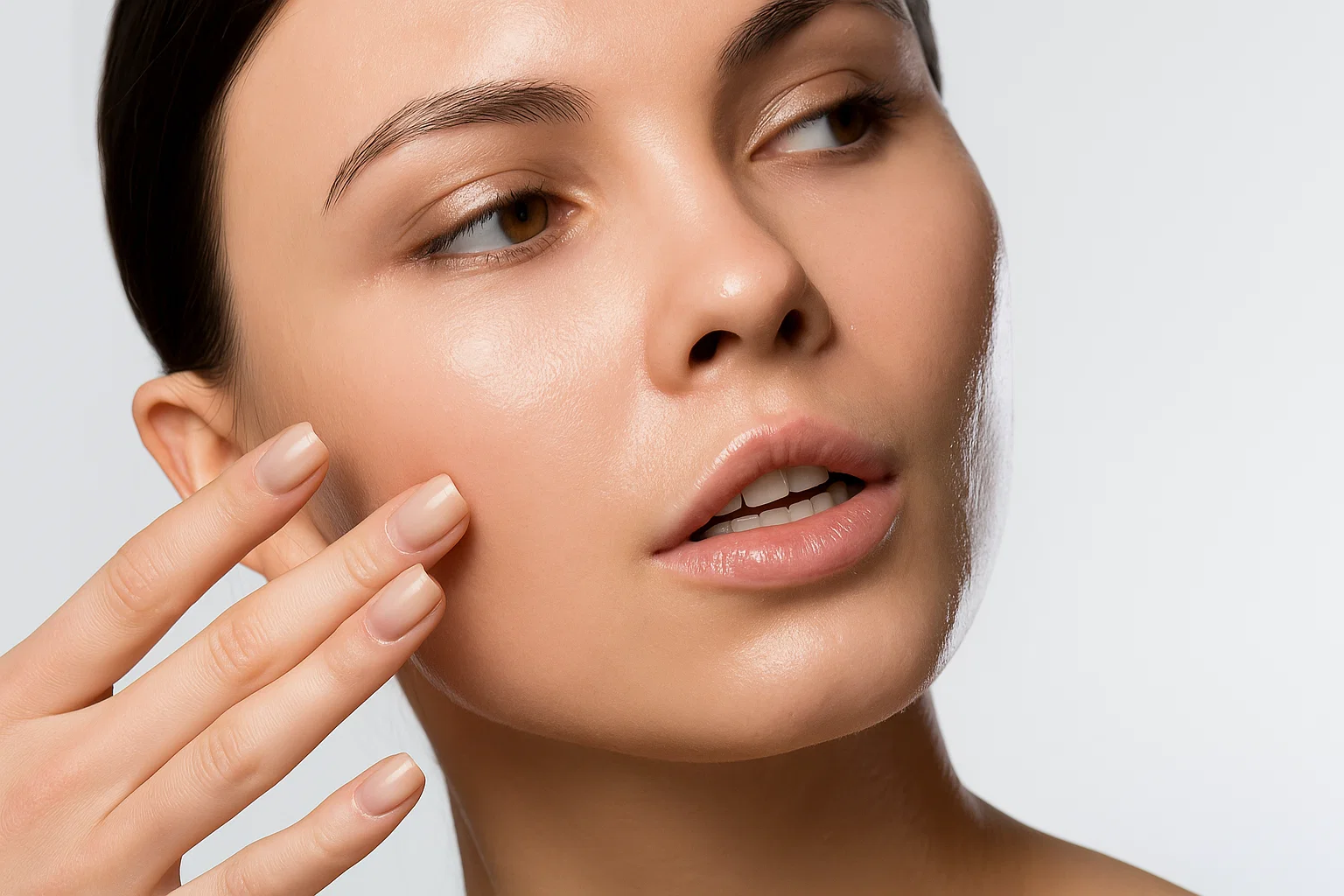 Close-up of a woman touching her smooth, glowing skin, representing the steps for a skincare routine and the results of following a consistent regimen.
