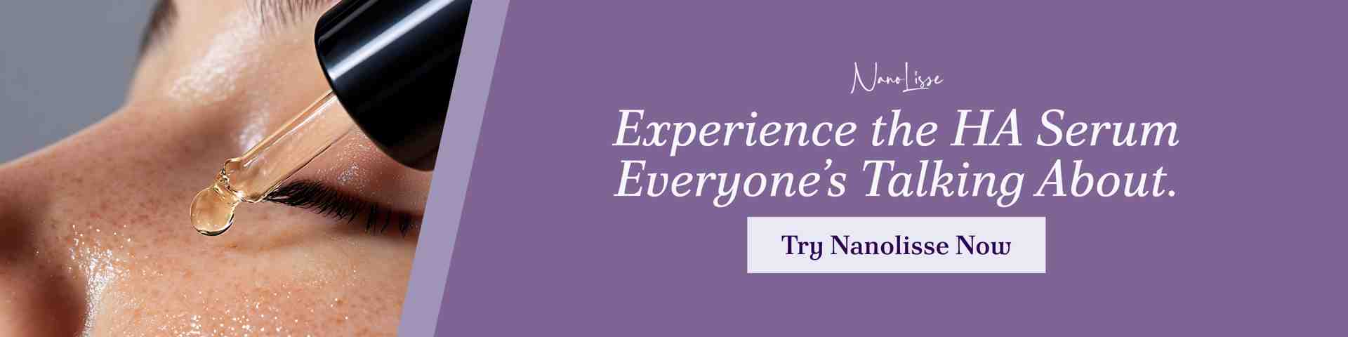 Close-up of a serum dropper applying product to the skin, promoting Nanolisse as a top choice among the best hyaluronic acid serum options.