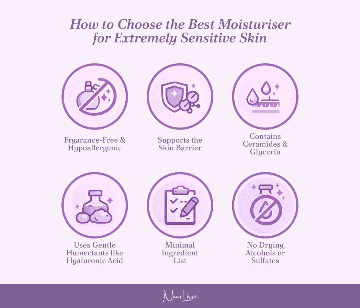 Infographic showing how to choose the best moisturiser for extremely sensitive skin, highlighting fragrance-free, ceramides, gentle humectants, and minimal ingredients.