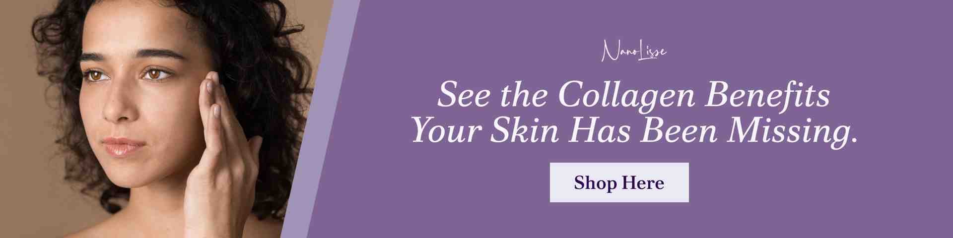 Banner featuring a woman touching her face beside a call-to-action encouraging users to explore collagen skincare benefits and shop.