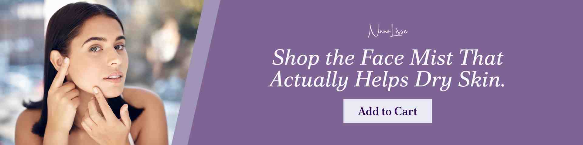 Woman touching her face while promoting a gentle hydrating face mist for dry skin, shown beside a call-to-action to purchase the product.