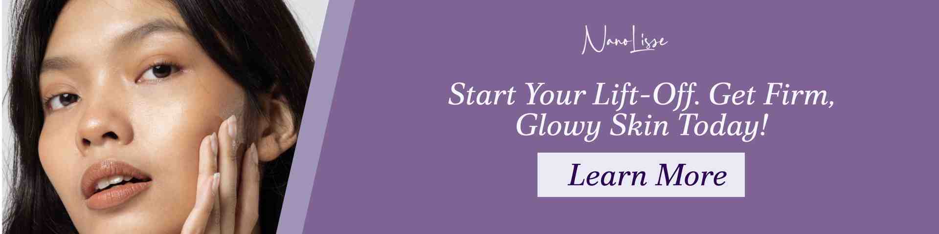 Woman touching her glowing skin beside a call-to-action banner promoting firming face treatments and encouraging viewers to learn more.