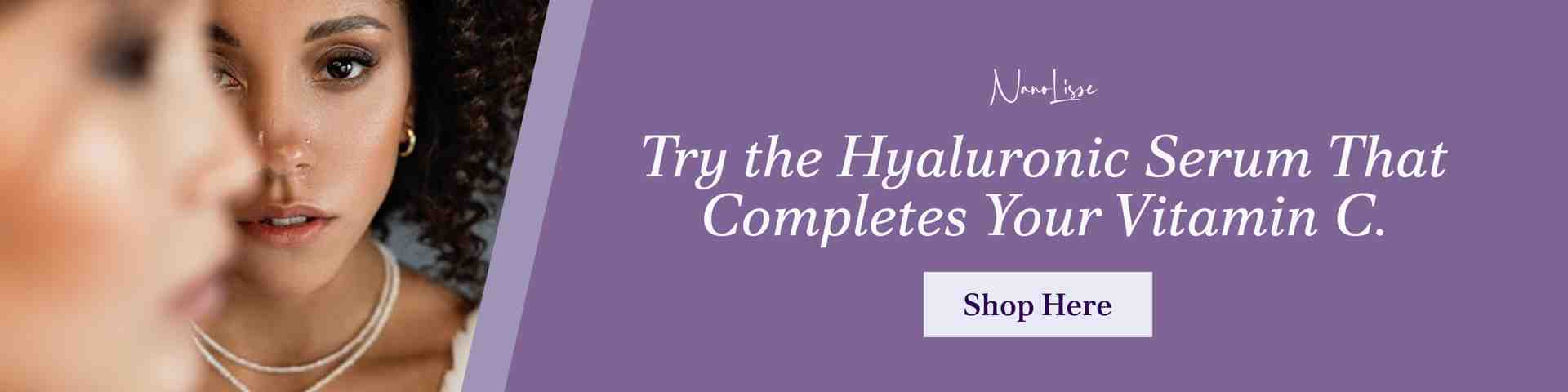 Skincare banner featuring a model and call to action, promoting the best hyaluronic acid serum with vitamin c for daily hydration and glow.