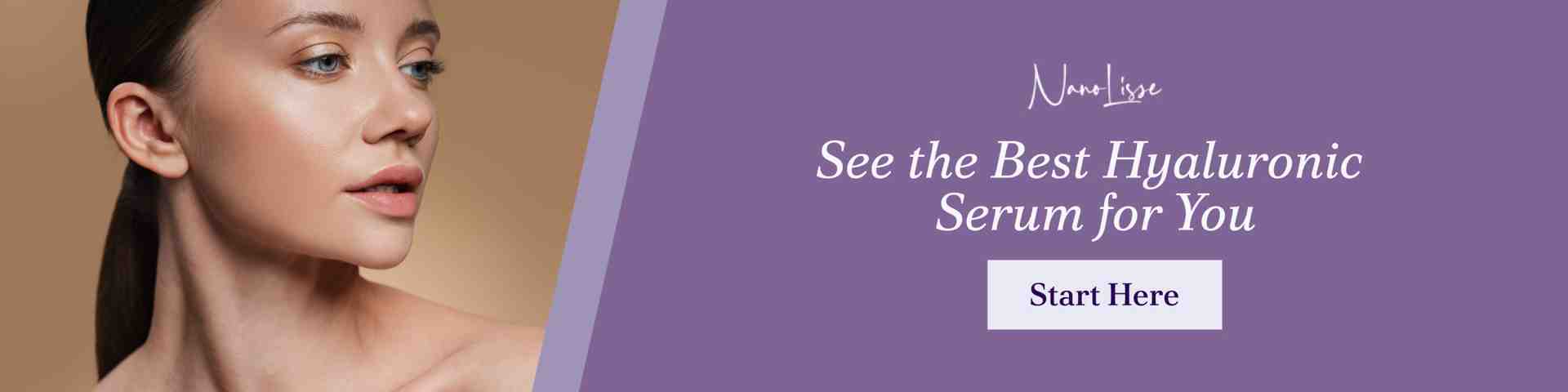 A woman with smooth, glowing skin beside a banner inviting users to explore the best hyaluronic acid serum with vitamin c for their skincare needs.