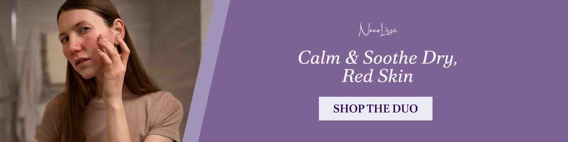 Woman applying skincare to red, irritated skin, promoting calming and soothing care for dry, sensitive skin with gentle daily use.