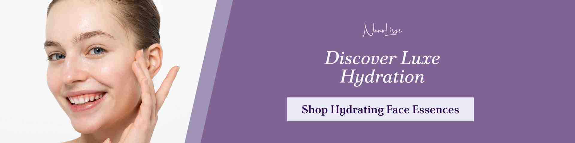 Smiling woman touching glowing skin beside call to shop hydrating face essence products designed to boost moisture, radiance, and smooth texture