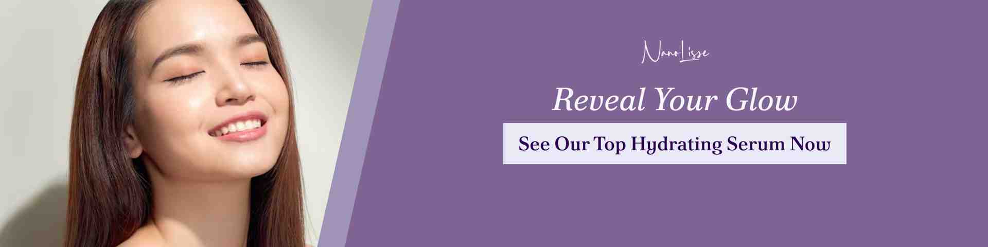 Promotional banner showing a woman with glowing skin beside the text “Reveal Your Glow” and a call to action to see a top natural hydrating serum, styled in soft purple branding.