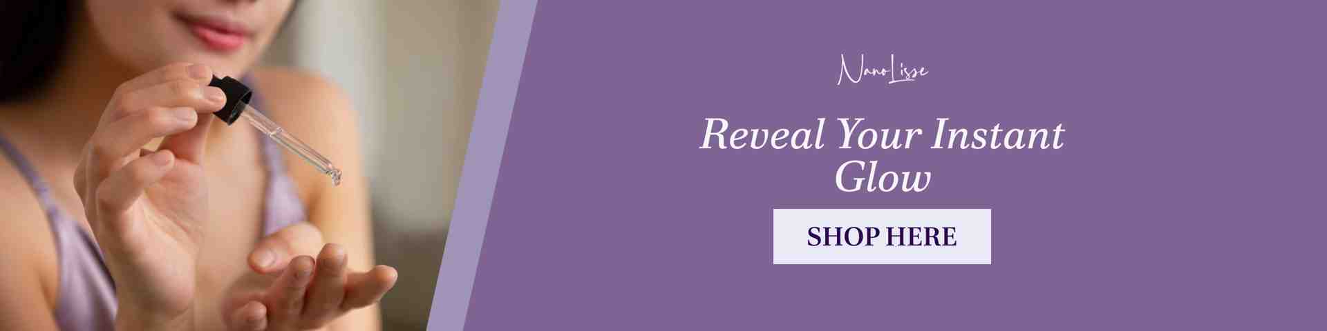 Reveal Your Instant Glow Beauty Serum Woman applying instant glow beauty serum with dropper, promoting radiant skin and dewy finish skincare results