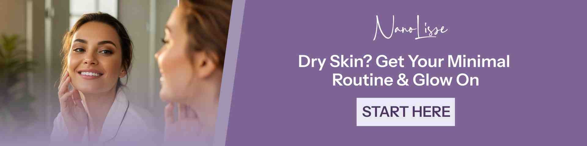 Minimal Skincare Routine for Glowing Dry Skin Smiling woman touching her face in front of a mirror, promoting a minimalist skincare routine for dry skin with a glowing result.