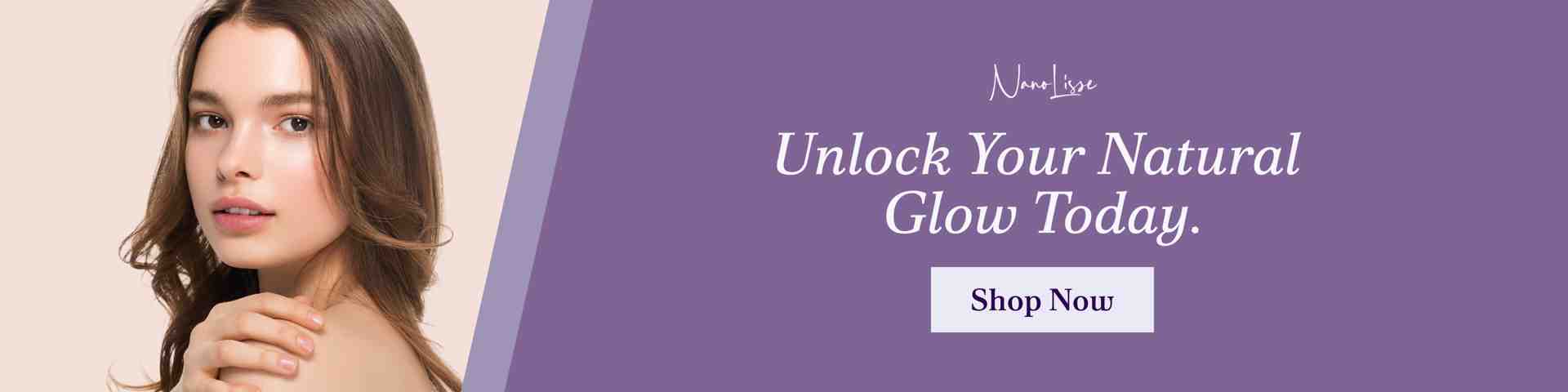 Unlock Your Natural Glow With Hyaluronic Acid Serum Model with glowing skin featured alongside a call to shop natural hyaluronic acid serum, highlighting hydration, smooth texture, and a healthy natural glow