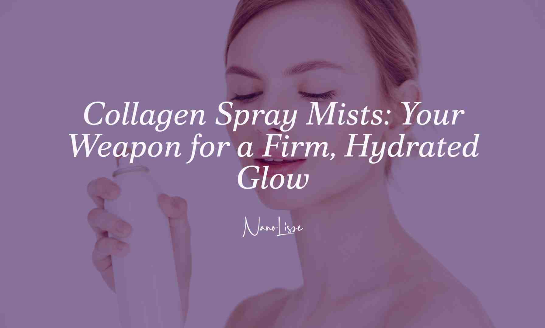 Close-up of a woman applying a collagen spray mist to her face on a soft purple background, representing firm, hydrated, glowing skin.