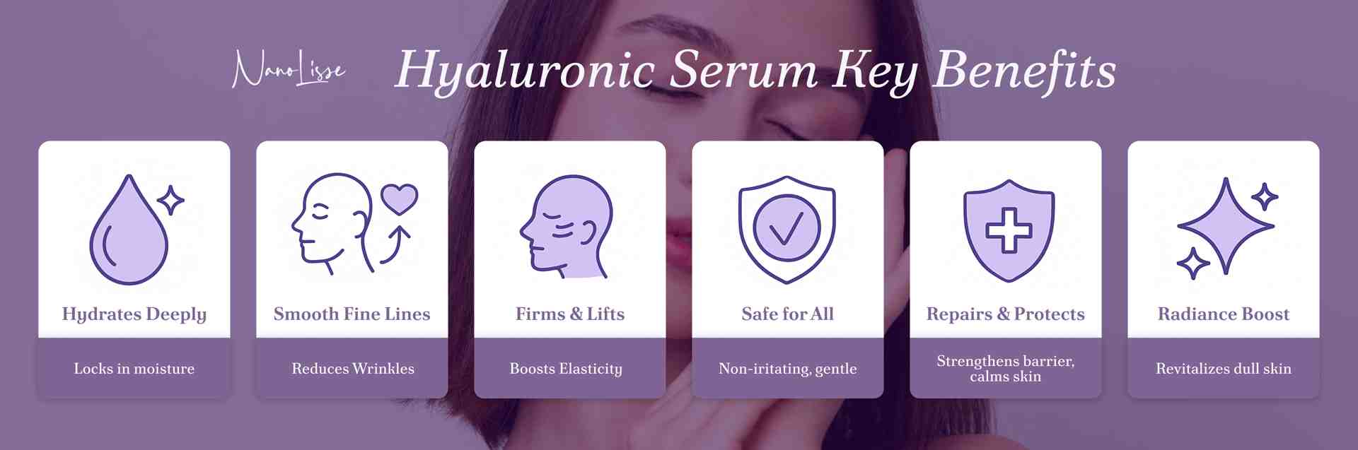 Infographic showing hyaluronic acid serum benefits, including deep hydration, smoothing fine lines, firming skin, strengthening the barrier, and boosting radiance.