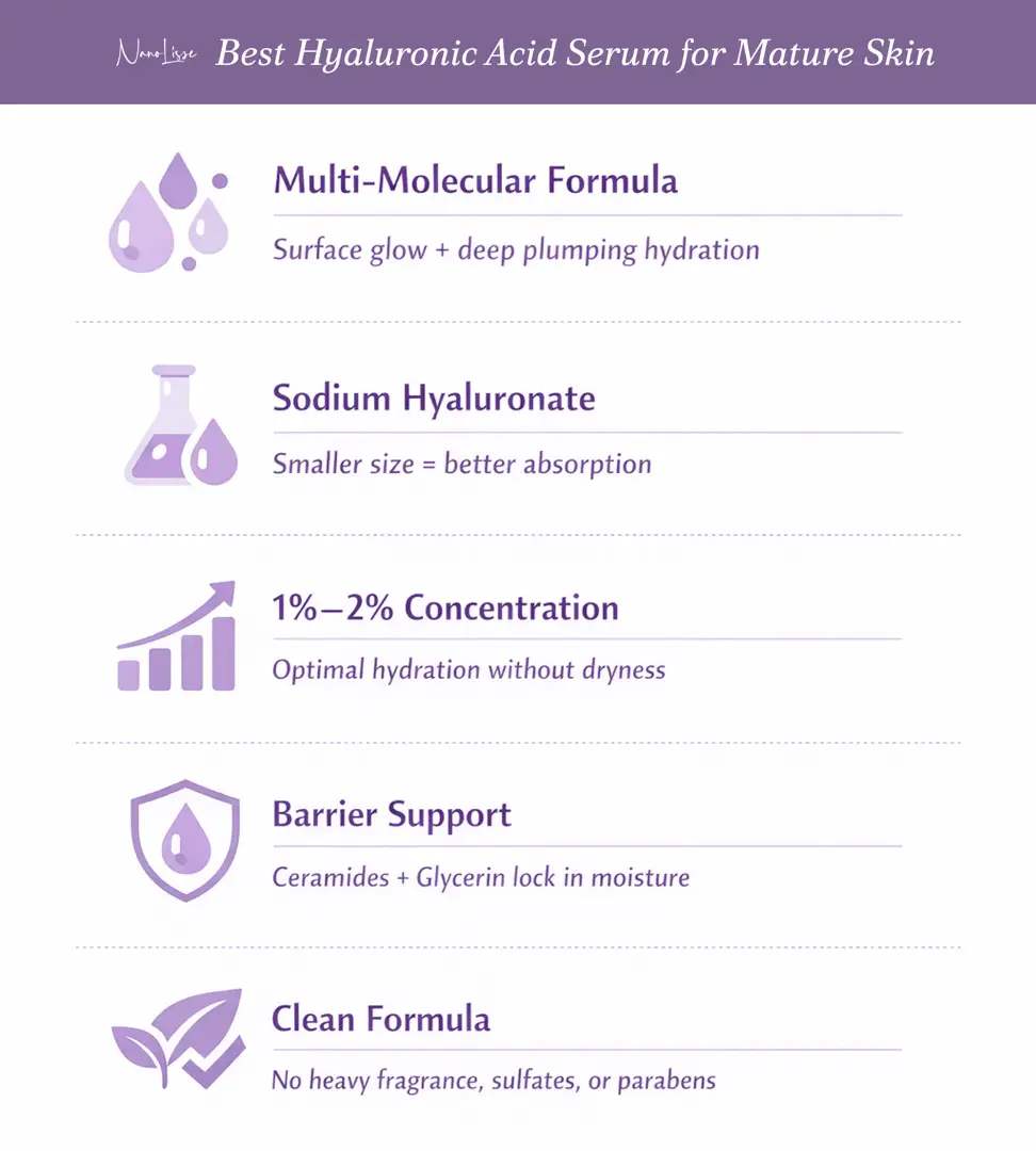 Infographic outlining the best hyaluronic acid serum for mature skin, highlighting multi-molecular formula and barrier support benefits