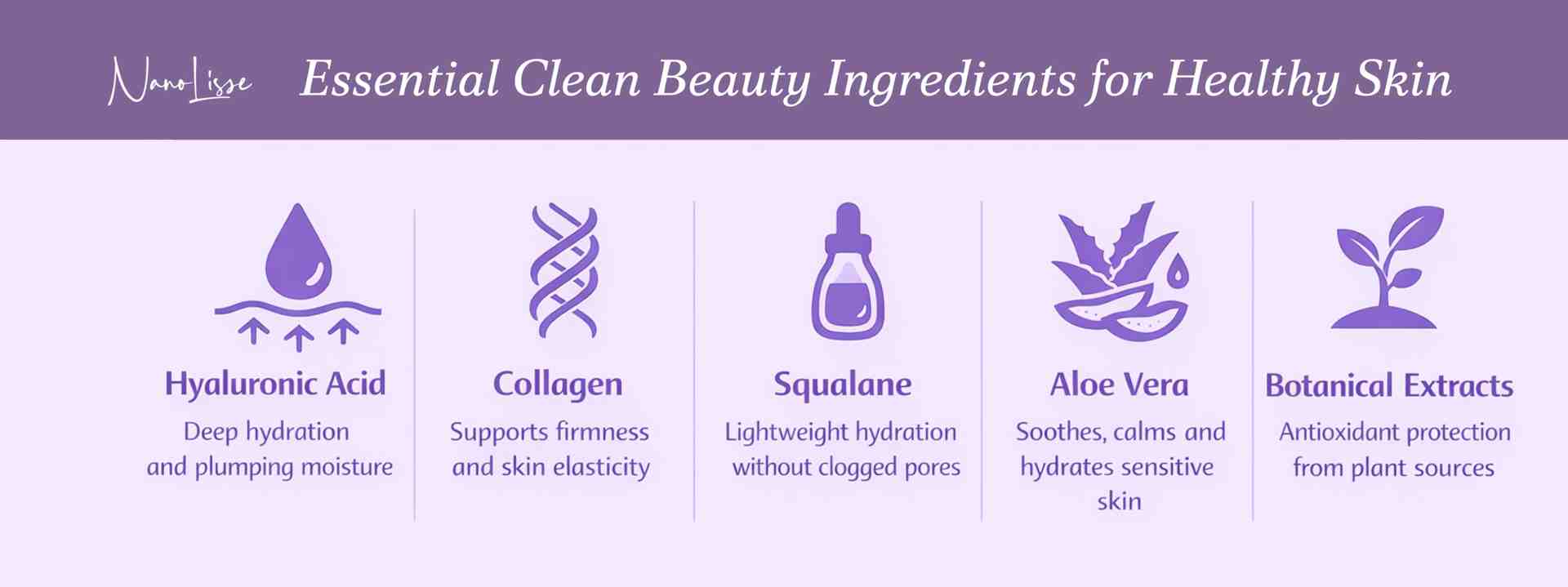Infographic highlighting clean beauty ingredients like hyaluronic acid, collagen, squalane, aloe vera, and botanical extracts