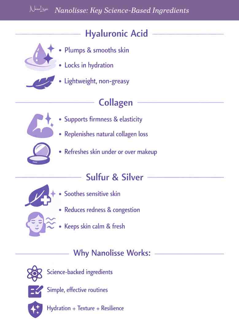 Infographic highlighting science-based skincare ingredients like hyaluronic acid, collagen, sulfur, and silver, showing how each supports hydration, firmness, calm skin, and proven results
