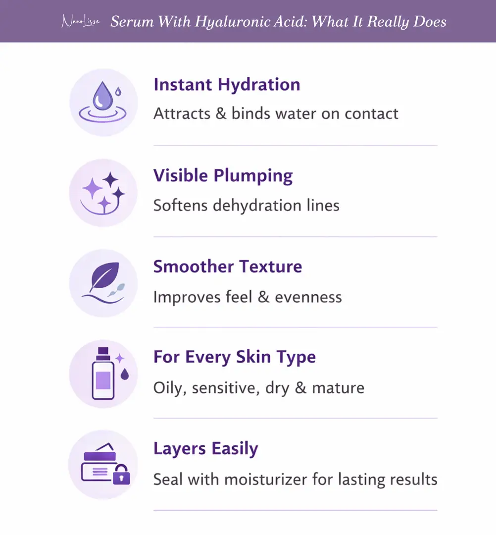 Infographic explaining how serum with hyaluronic acid provides hydration, visible plumping, smoother texture, and easy layering