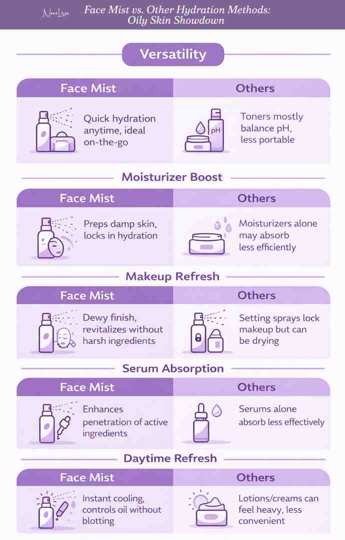 Infographic comparing face mist and other hydration methods, showing why the best hydrating face mist for oily skin offers lightweight moisture, oil control, and quick refresh benefits