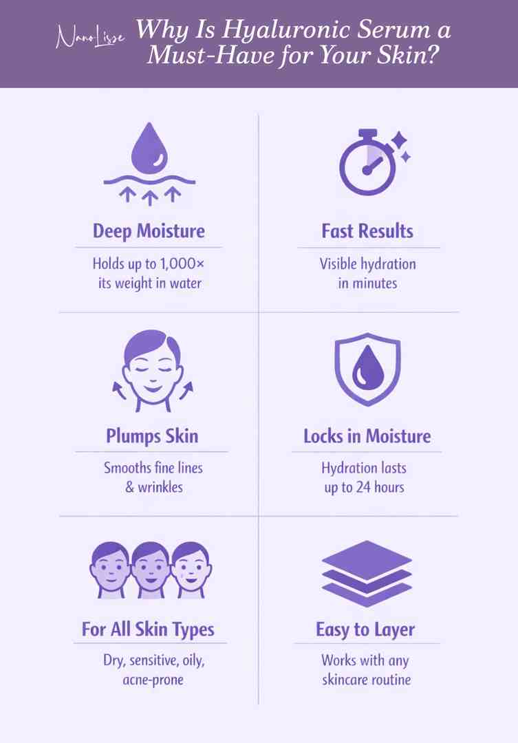Why Hyaluronic Serum Is a Skincare Must-Have Infographic explaining benefits of hyaluronic serum for face including deep moisture, plumping, and long-lasting hydration