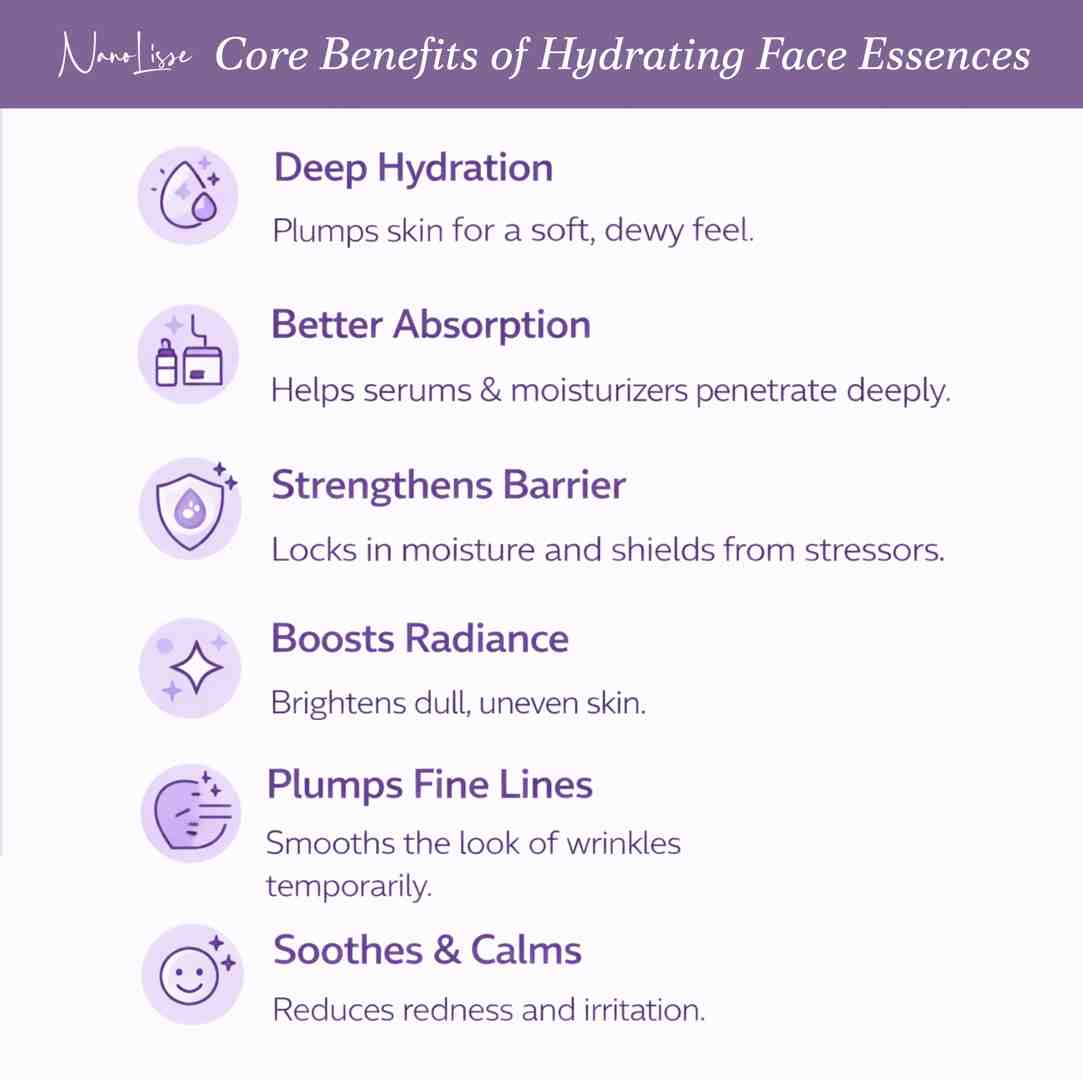 Infographic outlining key benefits of a hydrating face essence, including deep hydration, better absorption, barrier support, and radiant skin results