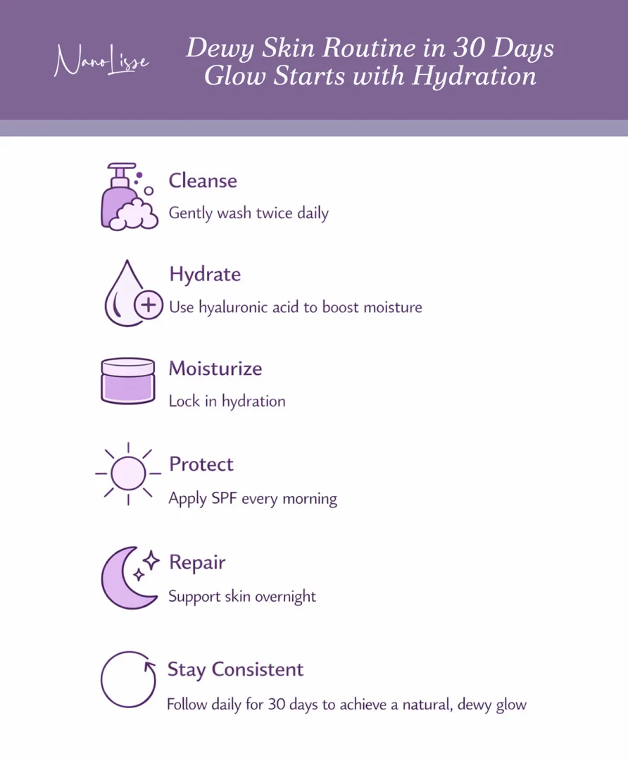 Dewy skin routine steps infographic showing cleanse, hydrate, moisturize, protect, repair, and stay consistent for glowing skin