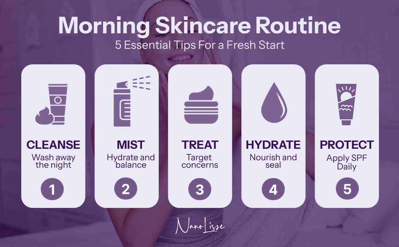 Morning Face Cleansing Routine Steps Graphic outlining a five-step morning face cleansing routine—cleanse, mist, treat, hydrate, and protect—displayed with skincare icons for a fresh start.