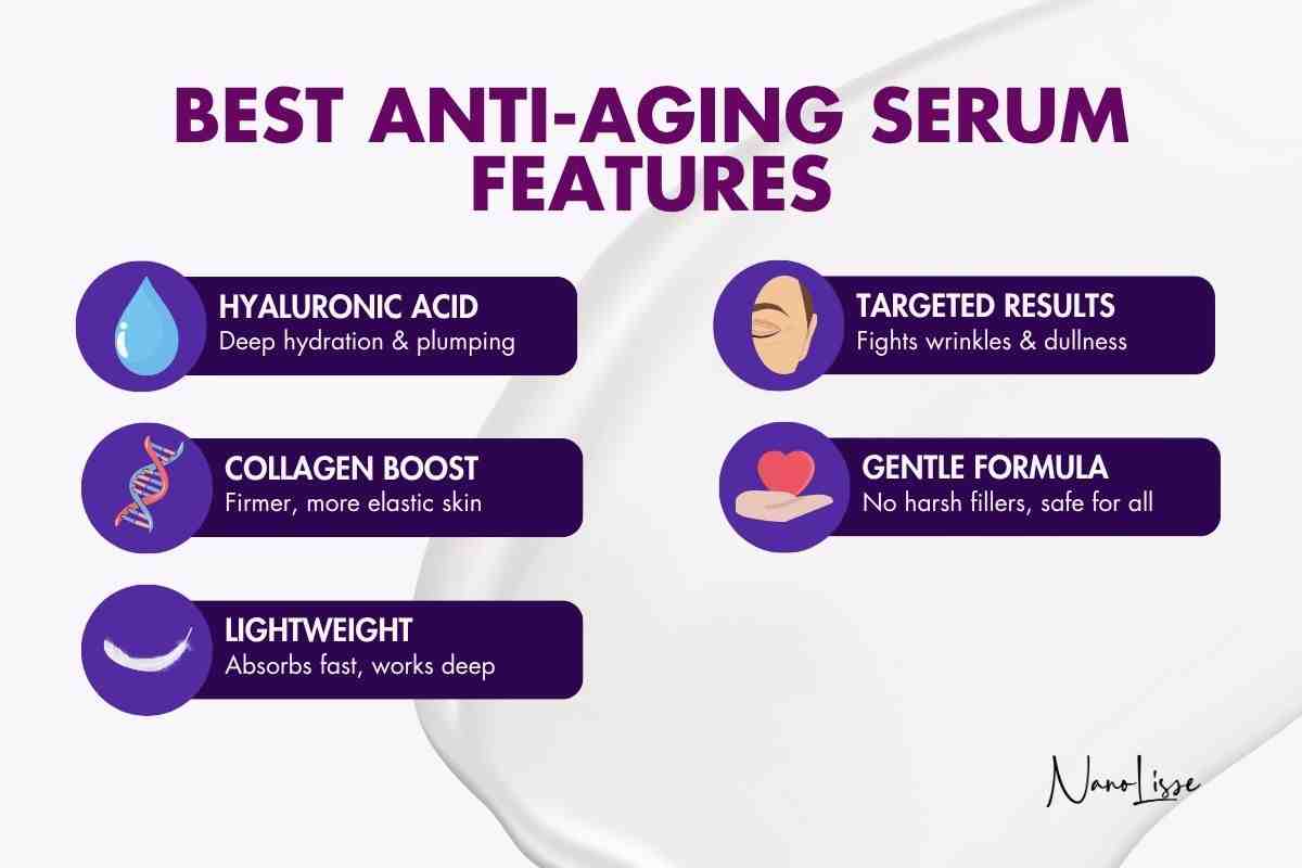 An infographic listing the main benefits of the best anti aging serum, including hydration, collagen boost, and wrinkle reduction.