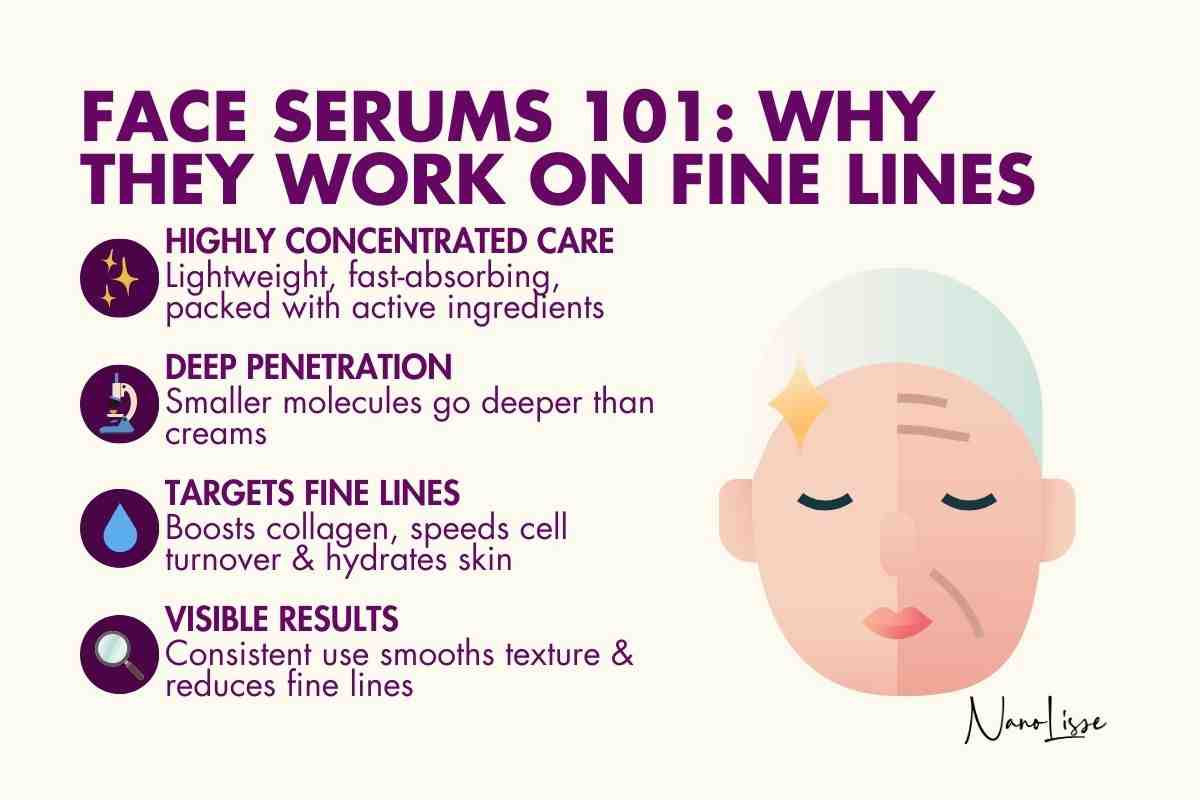 Infographic on how a face serum for fine lines works—concentrated actives, deeper absorption, hydration, and results.