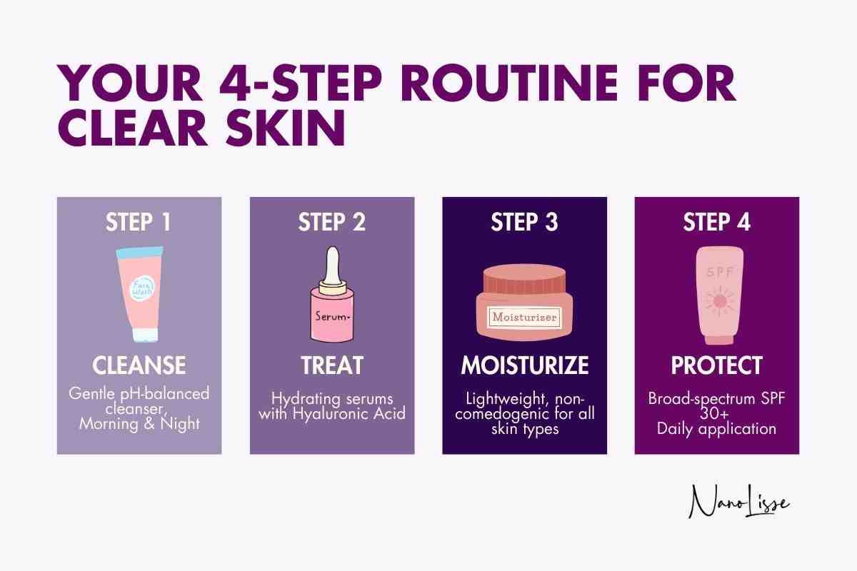 Infographic showing cleanse, treat, moisturize, and protect steps, outlining the best facial routine for clear skin and SPF.