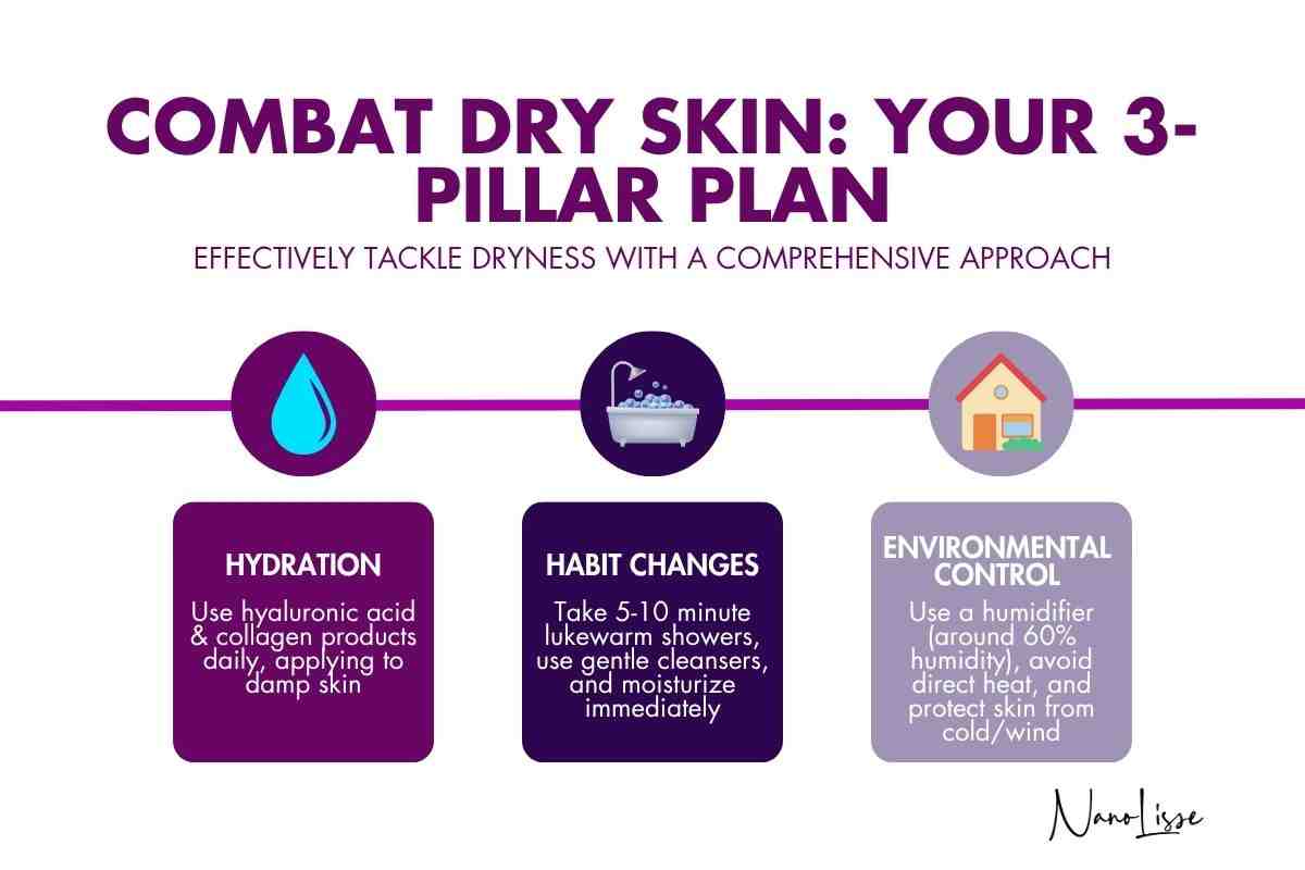 An infographic outlining a 3-pillar plan to combat dry skin through hydration, habit changes, and environmental control tips.