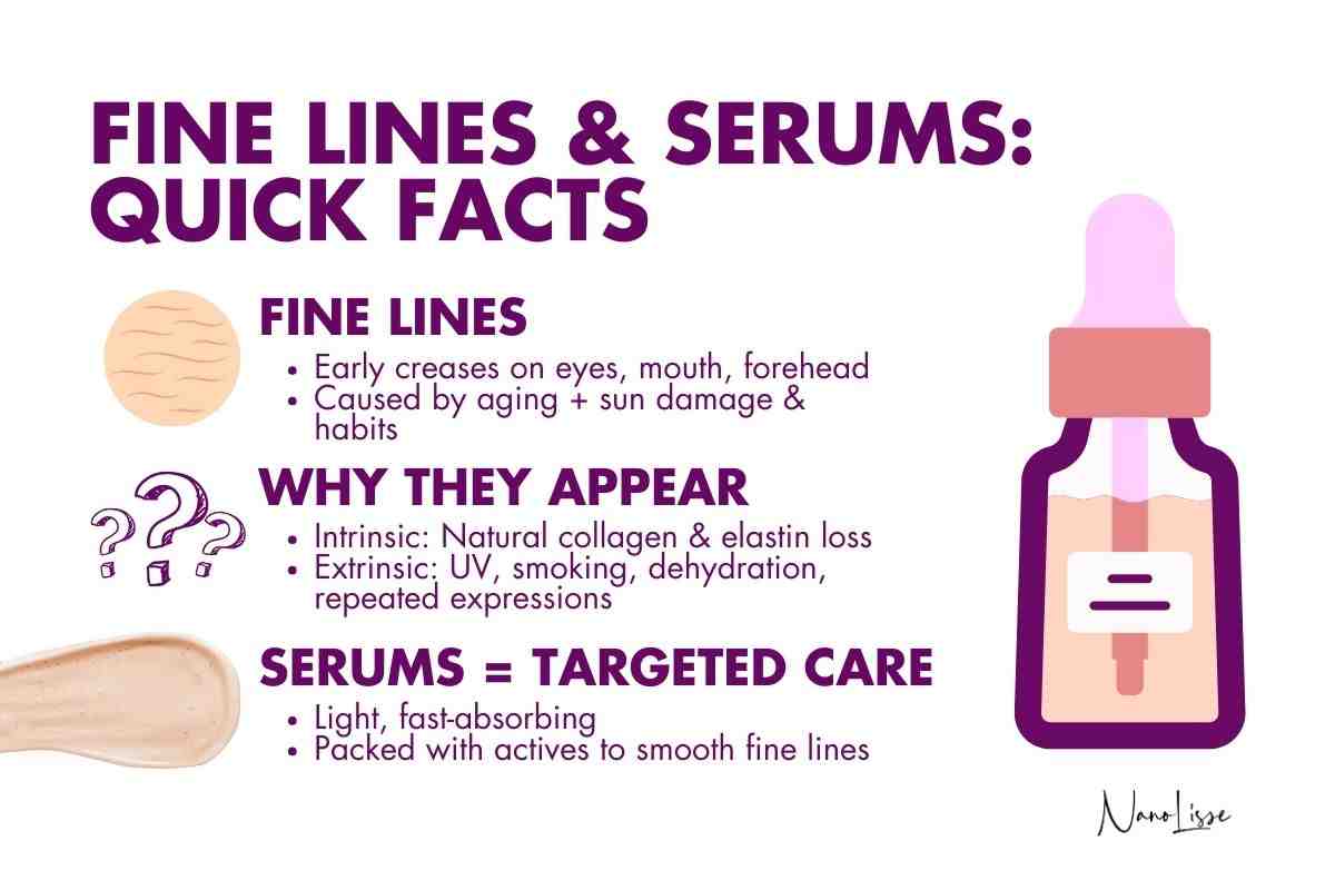 Infographic showing quick facts about fine lines and why they appear, plus how the best face serum for fine lines helps smooth skin.