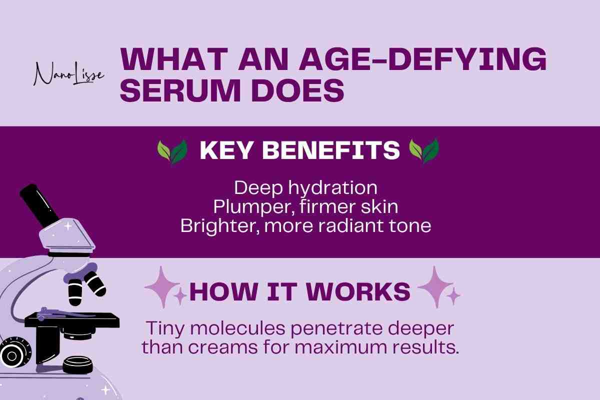 Infographic showing how age-defying serum provides deep hydration, firmer skin, and radiance by using tiny molecules for better absorption.