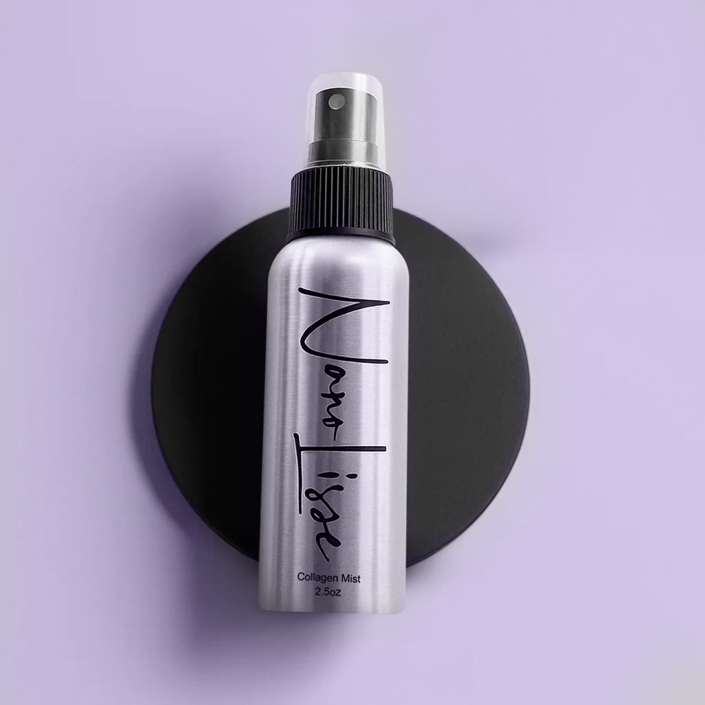 Minimalist collagen face mist bottle on a soft purple background, showcasing the best hydrating face mist for oily skin with lightweight hydration and shine control benefits