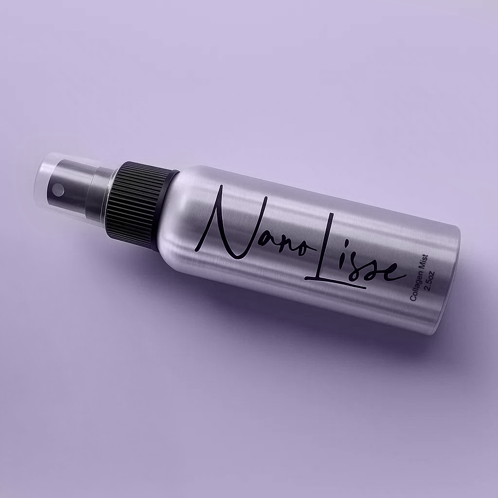 A NanoLisse collagen mist bottle on a lavender background, featuring sleek silver packaging that reflects modern skincare design.