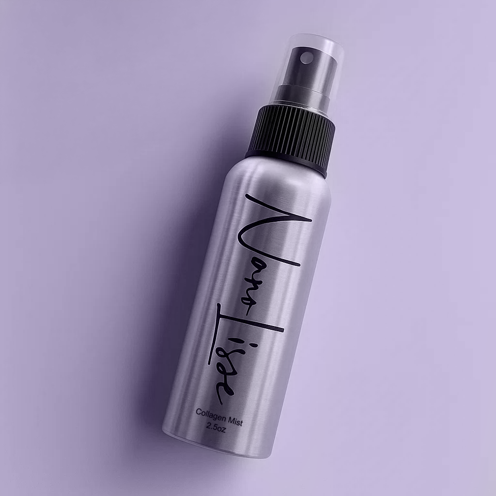 NanoLisse 2.5oz collagen mist aluminum spray bottle angled on a lavender background, showing mist pump and clear cap.